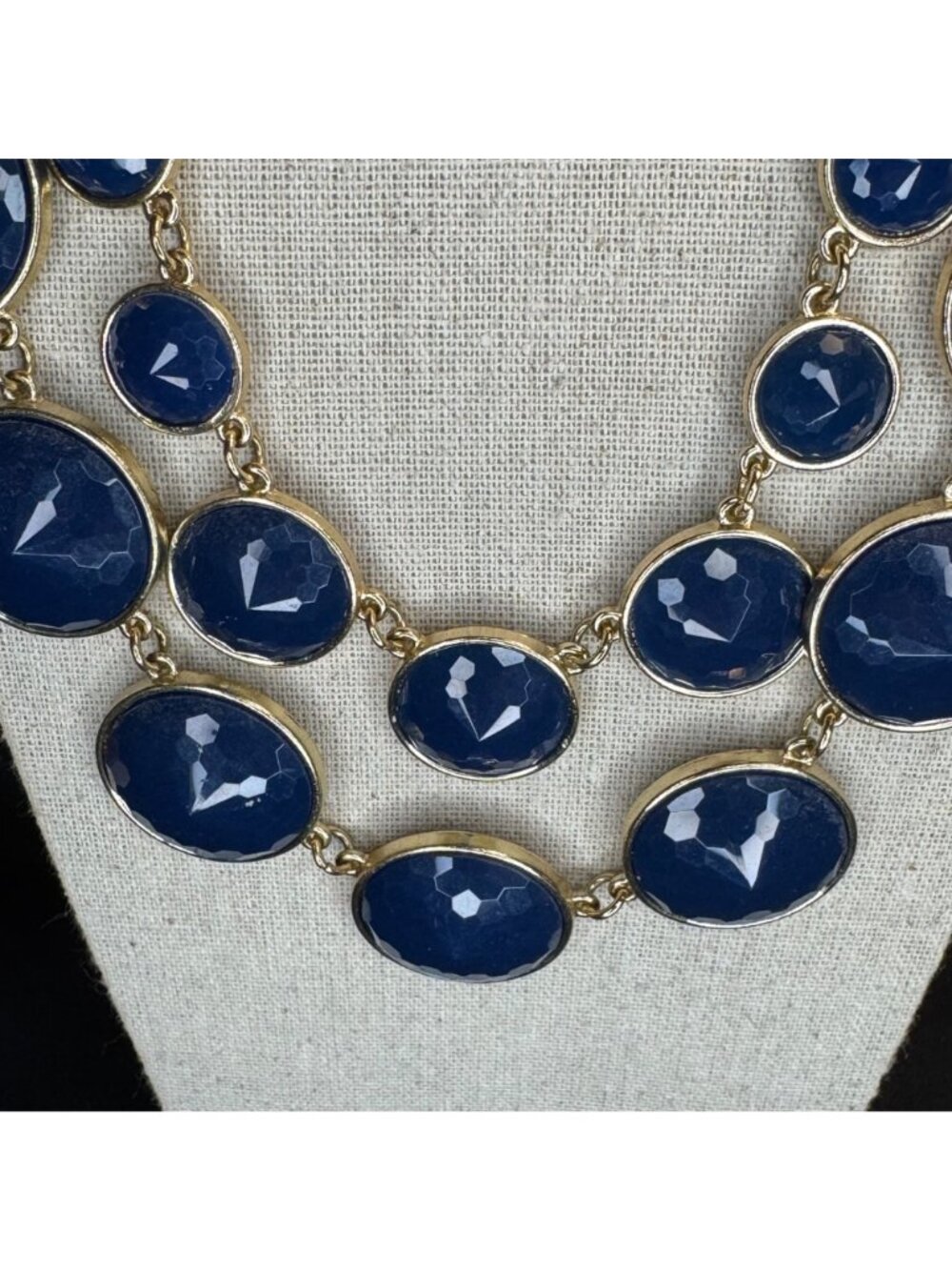 Gold Tone Blue Resin 1980's Bold Double Strand Statement Necklace 18" Adjustable - Picture 3 of 7